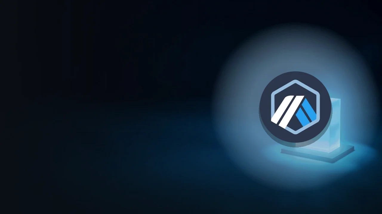 The Arbitrum logo over a glowing glass block on a dark navy background.