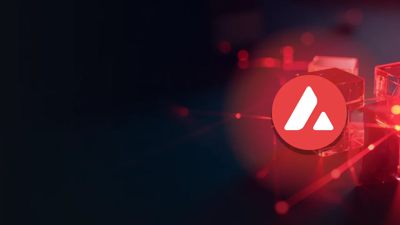 Le logo Avalanche sur un fond bleu marine foncé avec des blocs de verre rouge lumineux reliés par des faisceaux lumineux.