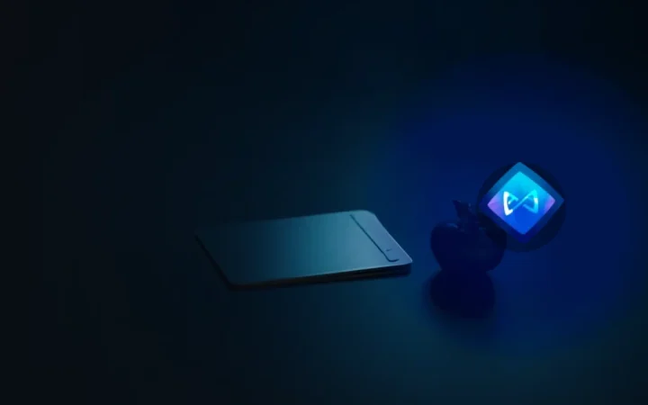 Axie Infinity-logoet over en mørk navy scene med blanke kort og en blå glød.