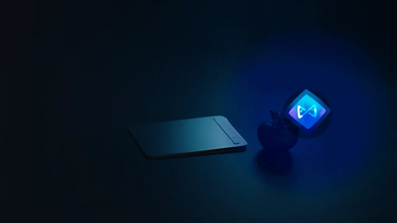 Das Axie Infinity Logo über einer dunkelblauen Szene mit glänzenden Karten und einem blauen Leuchten.