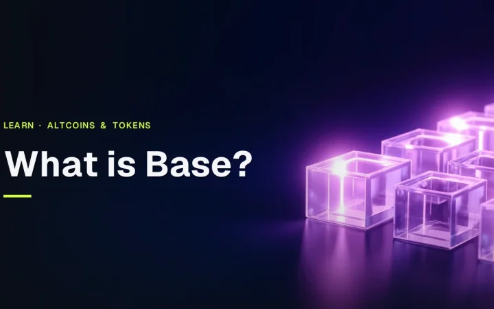 The title What is Base? over glowing glass blocks linked by violet light on a dark navy background.