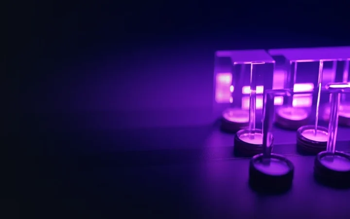 Glødende glasblokke forbundet af violet lys på en mørk navy baggrund.