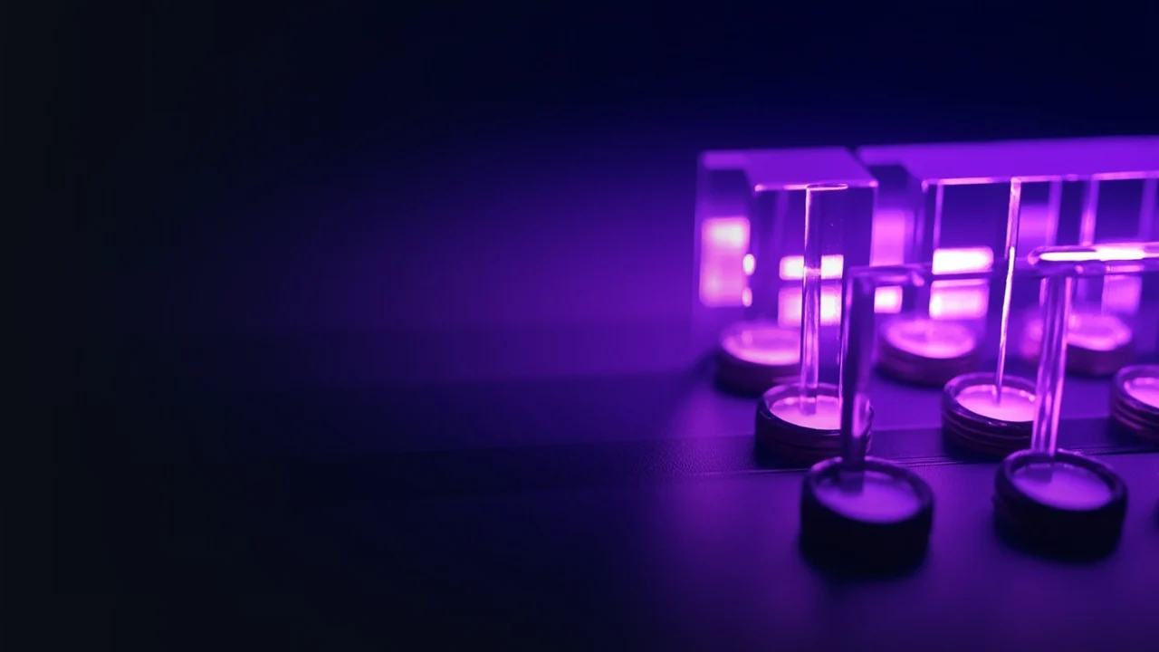 Glødende glasblokke forbundet af violet lys på en mørk navy baggrund.