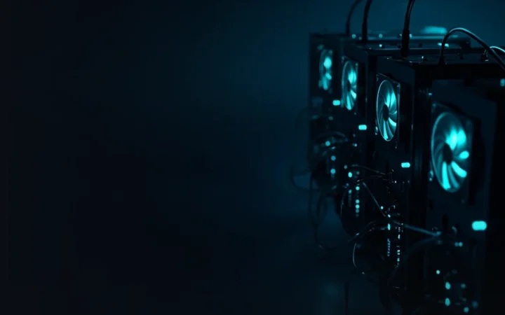 Rows of dark mining rigs with glowing cyan fans and cables on the right, against a dark navy background.