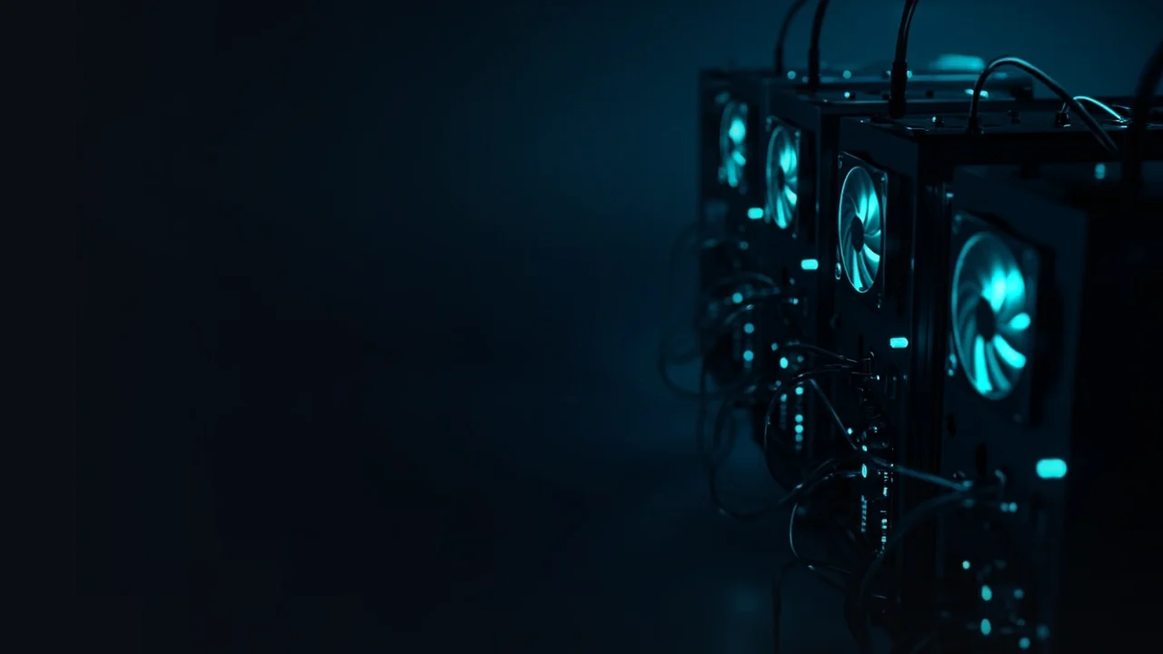 Des rangées de rigs de minage sombres avec des ventilateurs cyan lumineux et des câbles sur la droite, sur un fond bleu marine foncé.