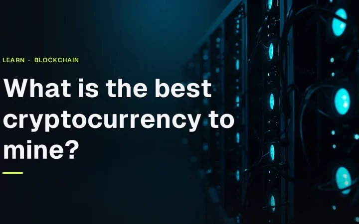The title sits over rows of dark mining rigs with glowing cyan fans and cables on the right, against a dark navy background.