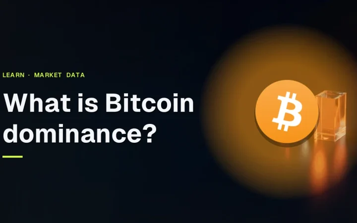 The title 'What is Bitcoin dominance?' and the Bitcoin logo over a dark navy background with a glowing glass cube and a smaller metallic cube.