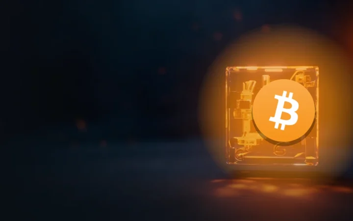 Bitcoin-logoet over glødende orange kædeblokke på en mørk navybaggrund.