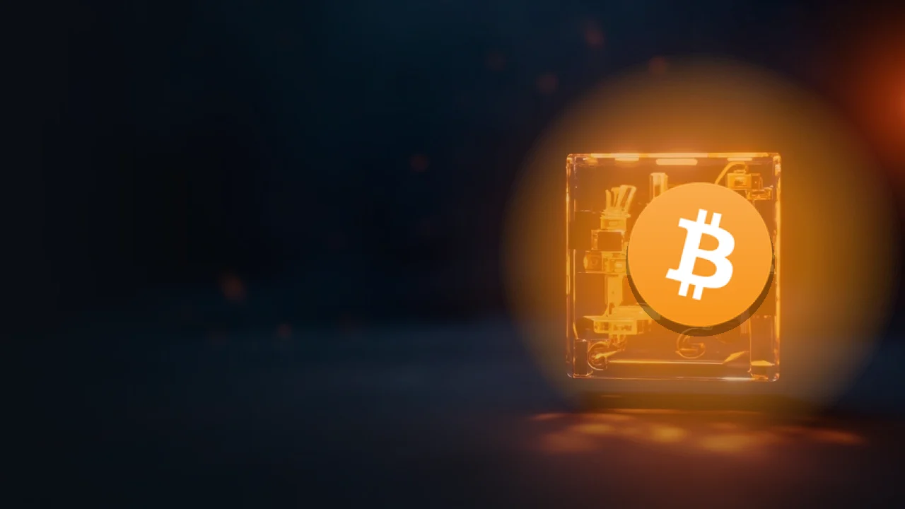 The Bitcoin logo over glowing orange chain blocks on a dark navy background.