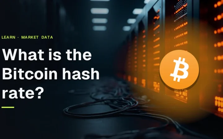 En guide med titlen What is the Bitcoin hash rate med Bitcoin-logoet over rækker af glødende mining-maskiner i mørk marineblå og orange.