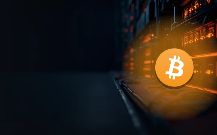 Bitcoin-logoet over rækker af glødende mining-maskiner i mørk navy og orange.