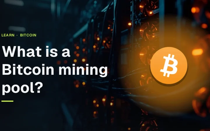 The title 'What is a Bitcoin mining pool?' with the Bitcoin logo over rows of dark mining machines glowing orange.