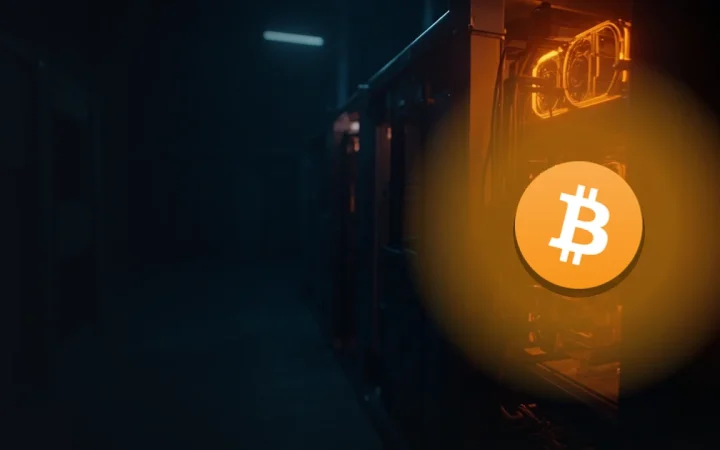 Bitcoin-logoet over rækker af mørke mining-maskiner, der lyser orange.
