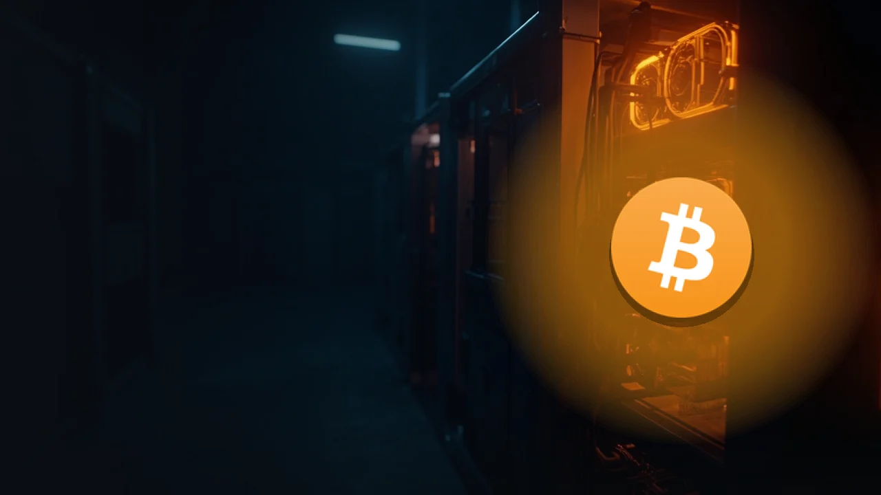 Bitcoin-logoet over rækker af mørke mining-maskiner, der lyser orange.