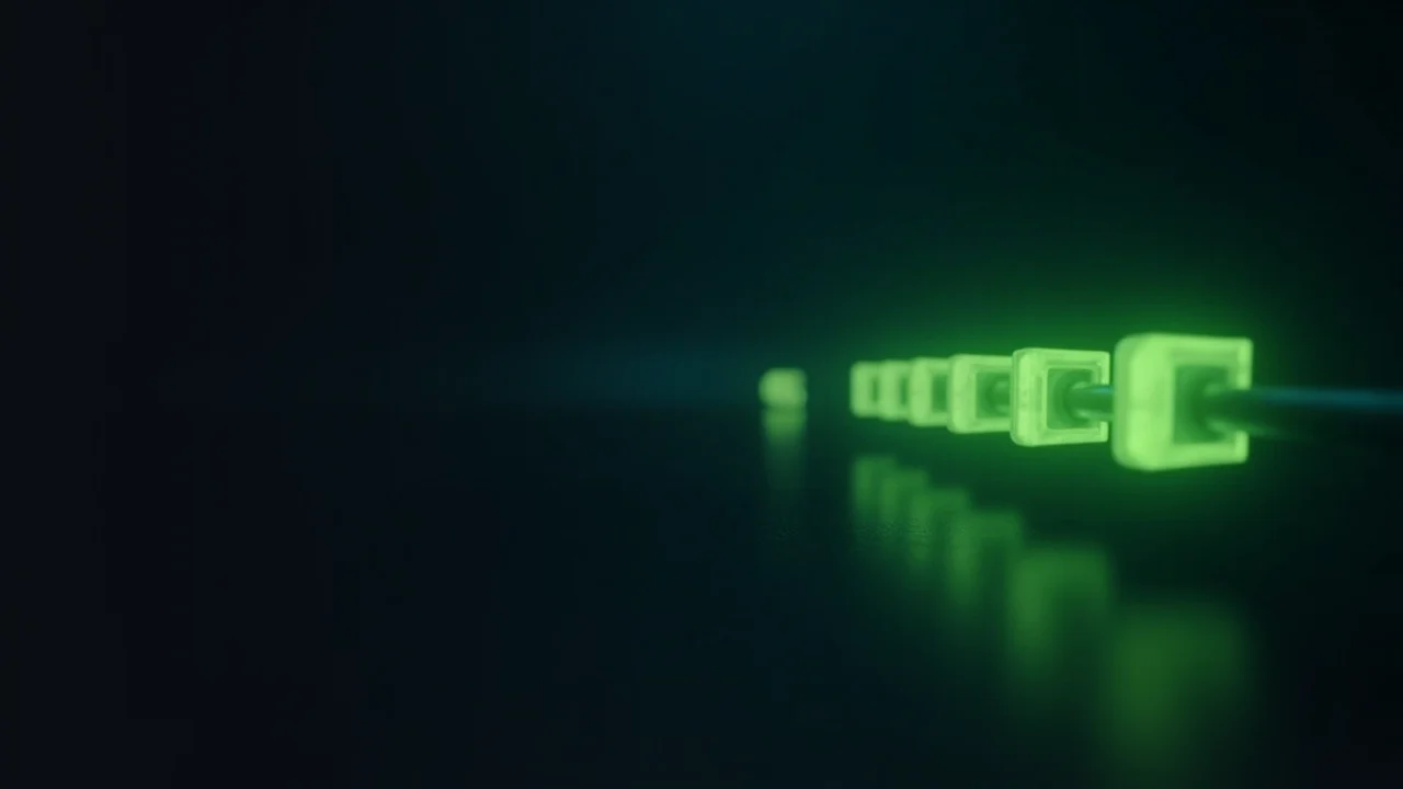 A glowing lime green chain of linked blocks on a dark navy background.