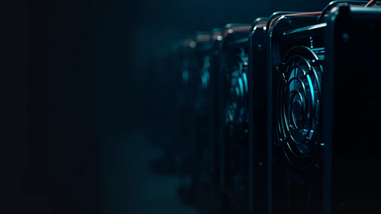Rows of mining machines with glowing fans and cables in a dark navy scene.
