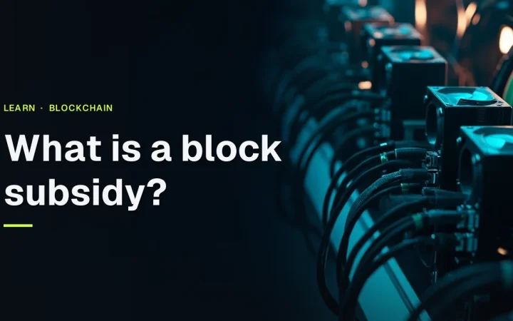 The title What is a block subsidy appears over rows of mining machines with glowing fans and cables in a dark navy scene.