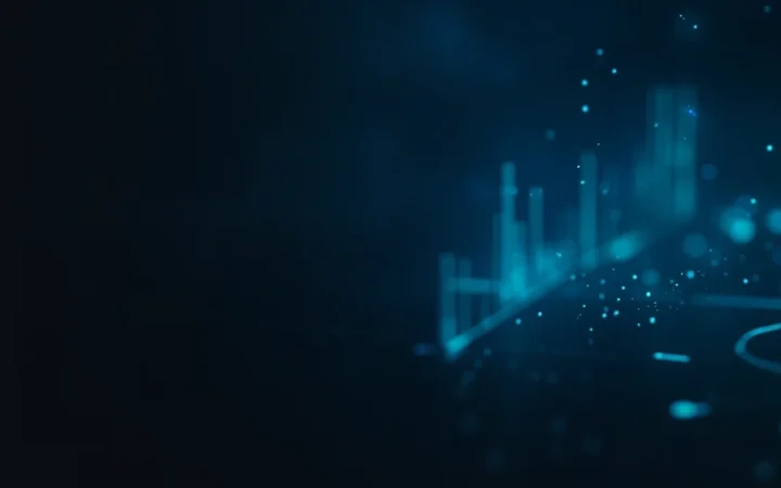 Abstrakte lysende bjælker og måleinstrumenter på en mørk navyblå baggrund med cyanblå accenter, der repræsenterer blockchain-datatilgængelighed.