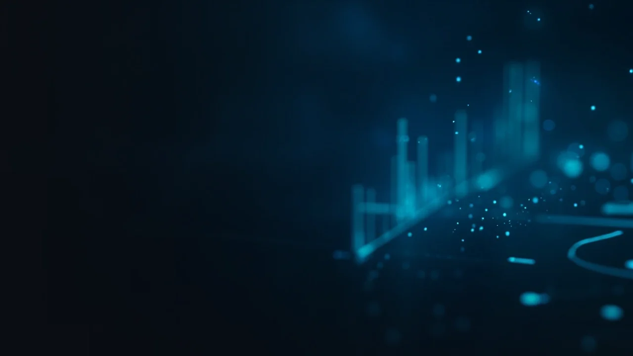 Abstrakte lysende bjælker og måleinstrumenter på en mørk navyblå baggrund med cyanblå accenter, der repræsenterer blockchain-datatilgængelighed.