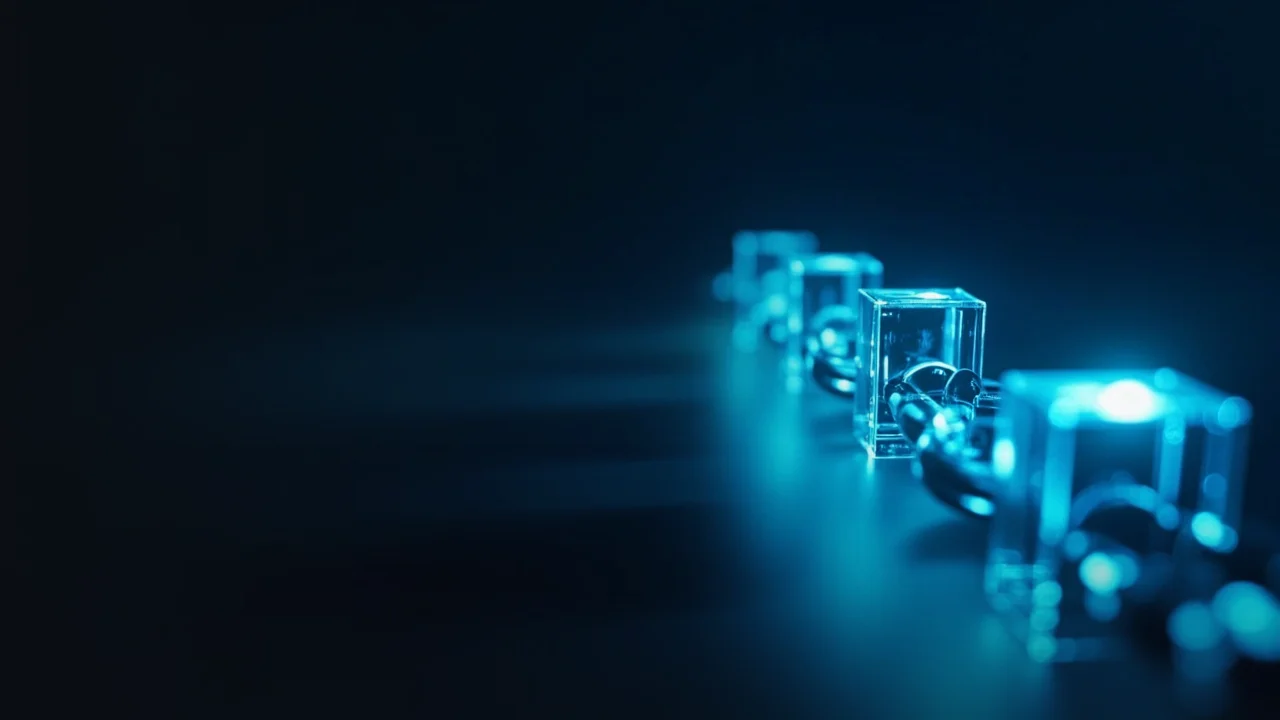 Glødende cyan glasblokke forbundet af lys på en mørk navy baggrund.