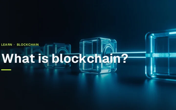 The title What is blockchain over a chain of glass blocks joined by glowing cyan lines on a dark navy background.
