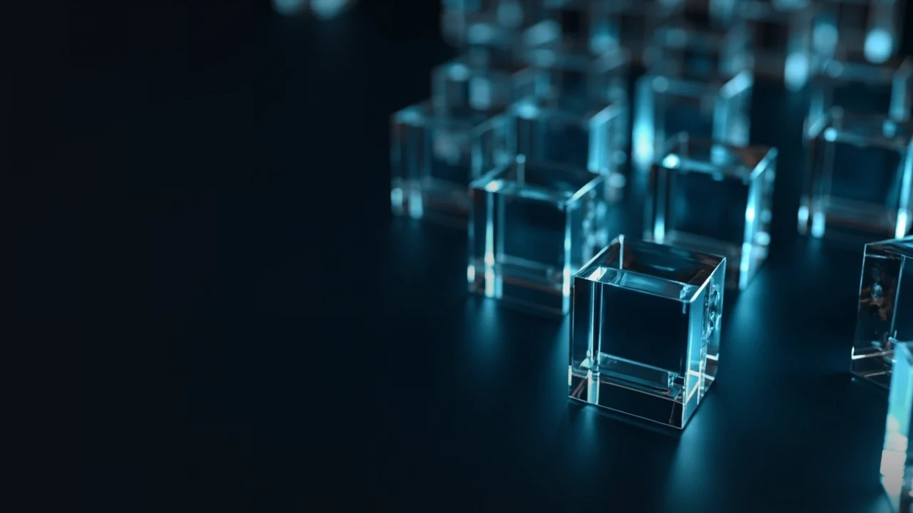 Dark glass blocks joined by cyan light on a dark navy background.