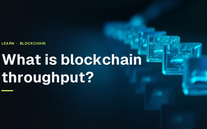 The title What is blockchain throughput appears over a dark navy background with glowing cyan glass blocks linked in a chain on the right.