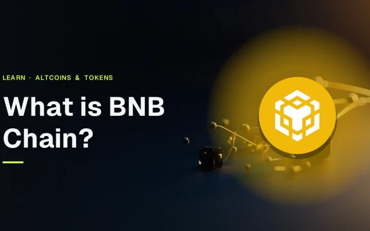 The title What is BNB Chain and the real BNB logo over a dark navy background with glowing gold glass blocks joined by light.
