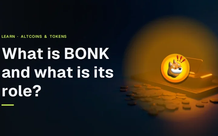 De titel Wat is BONK en zijn rol boven een donkerblauwe scène met een blanco apparaat en tokens die oranje gloeien aan de rechterkant.