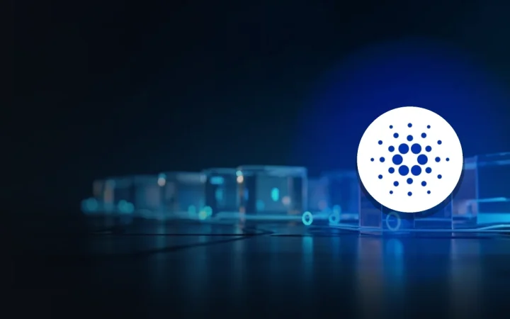 어두운 남색 배경 위에 빛나는 푸른 빛으로 연결된 유리 블록 위의 Cardano 로고.