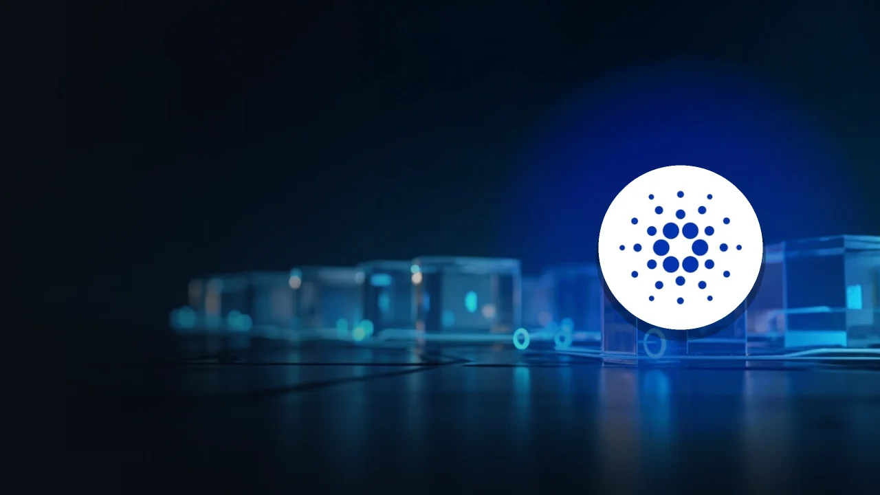 Cardano-logoet over glasblokke forbundet af glødende blåt lys på en mørk navybaggrund.