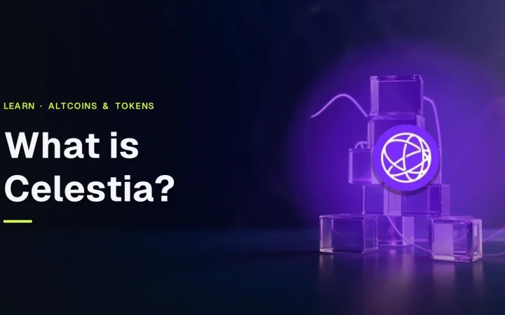 Celestia-titel og logo over en mørk navybaggrund med glaskuber forbundet af violet lys.