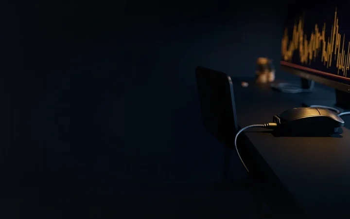Dark navy scene with glowing gold bar charts, blank coins and a card terminal on the right, and an empty dark left half.