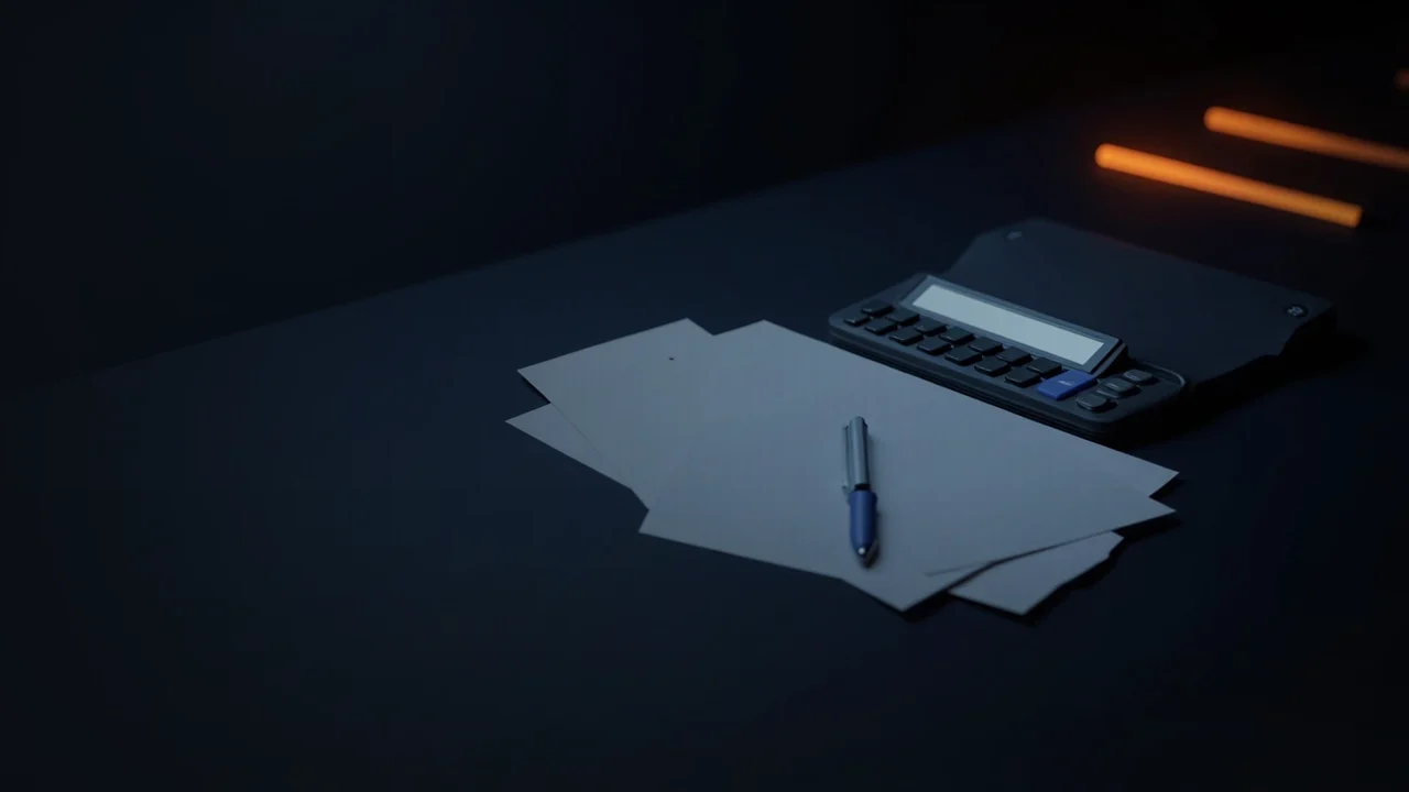 Ein dunkelblauer Schreibtisch mit leeren Formularen, einem Taschenrechner, einem Stift und einem Ordner, beleuchtet von weichem orangefarbenem Licht.