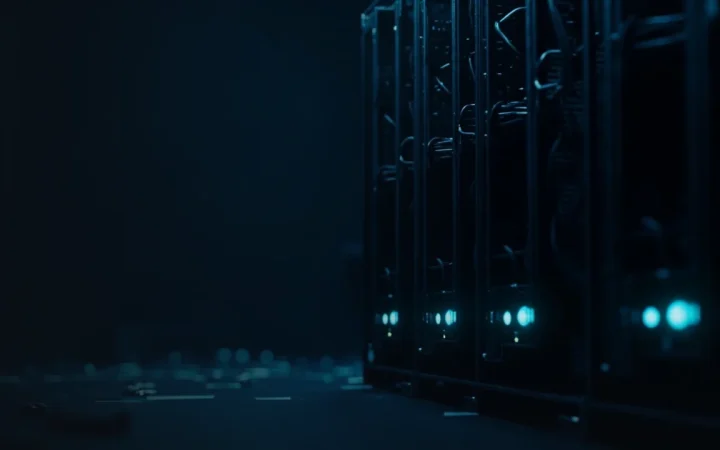 Des rangées de machines de minage sombres aux ventilateurs cyan lumineux et aux câbles, dans une salle de serveurs plongée dans la pénombre.