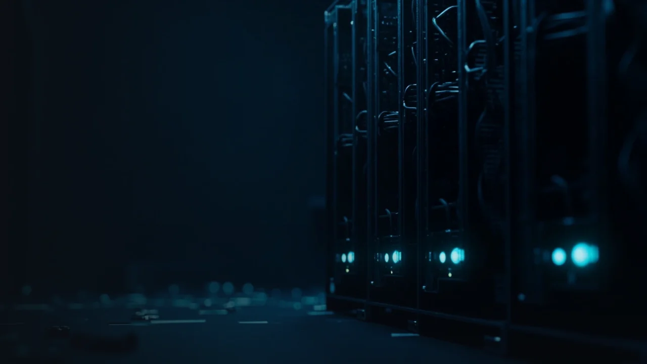 Rader av mørke mining-maskiner med glødende cyan-vifter og kabler, plassert i et dempet serverrom.