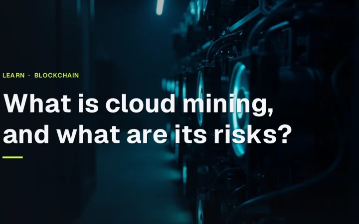 Title over rows of dark mining machines with glowing cyan fans and cables, set in a dim server room.