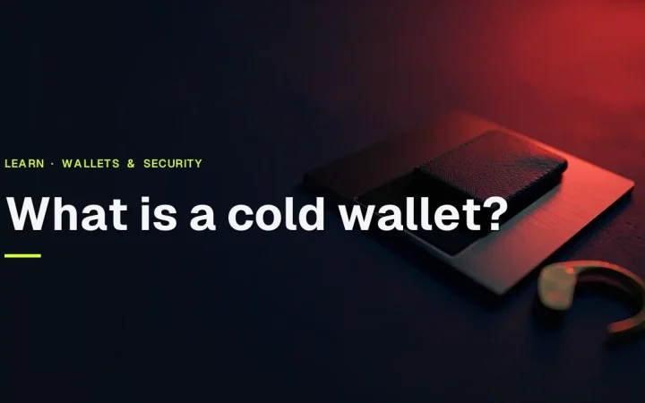 The title What is a cold wallet over a dark navy background with a hardware wallet, steel plate and padlock in red light.