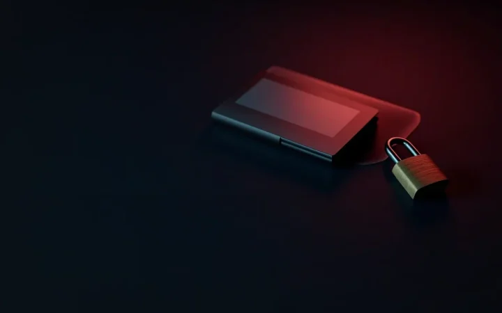 En mørk navy baggrund med en hardware wallet, stålplade og hængelås i rødt lys.