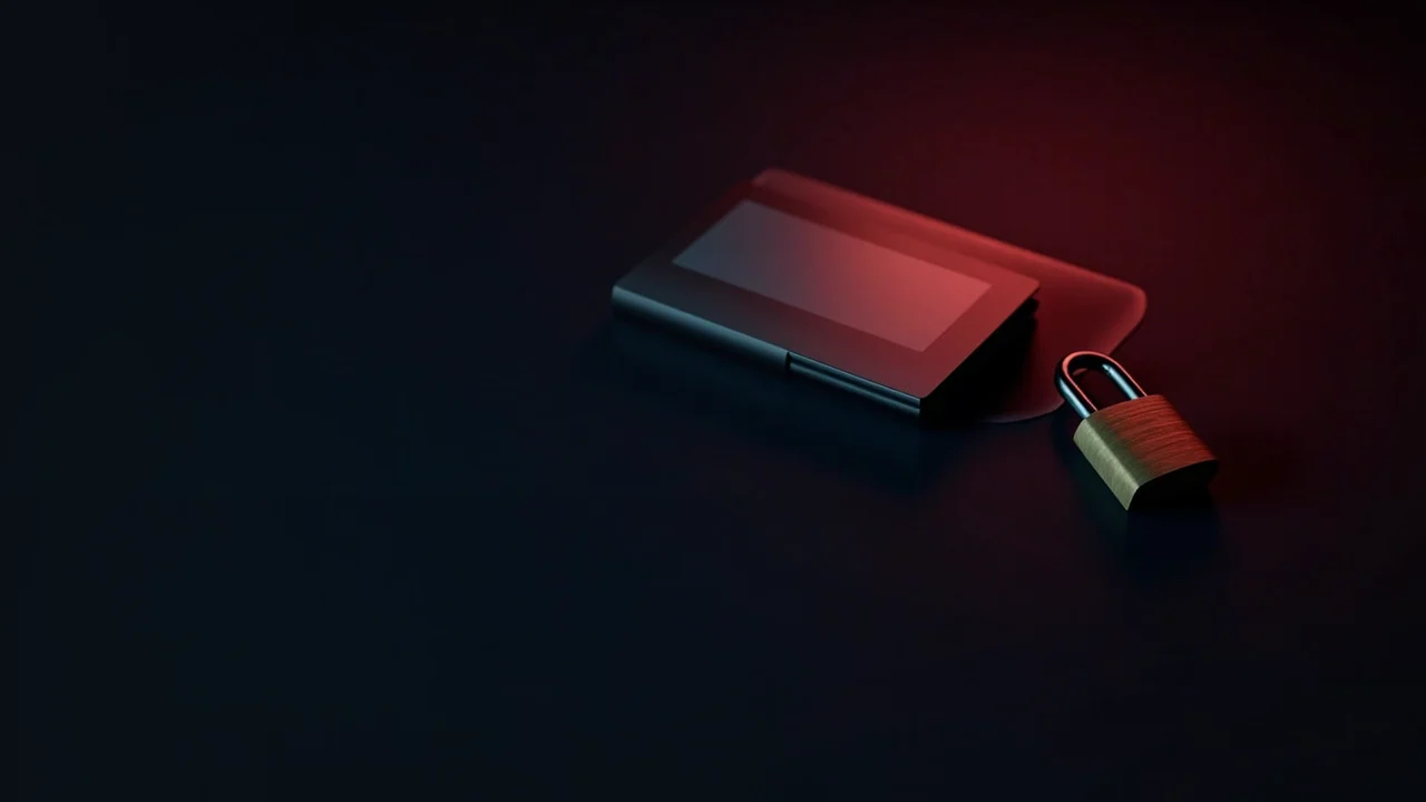 En mørk navy baggrund med en hardware wallet, stålplade og hængelås i rødt lys.