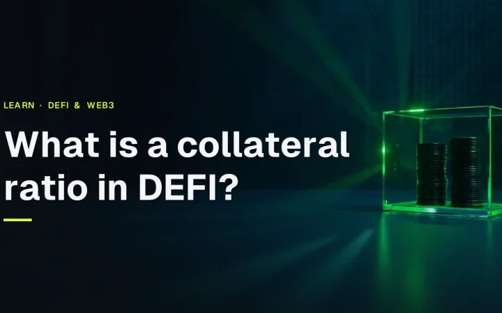 The title What is a collateral ratio in DeFi over a dark vault scene with a glass cube of glowing discs