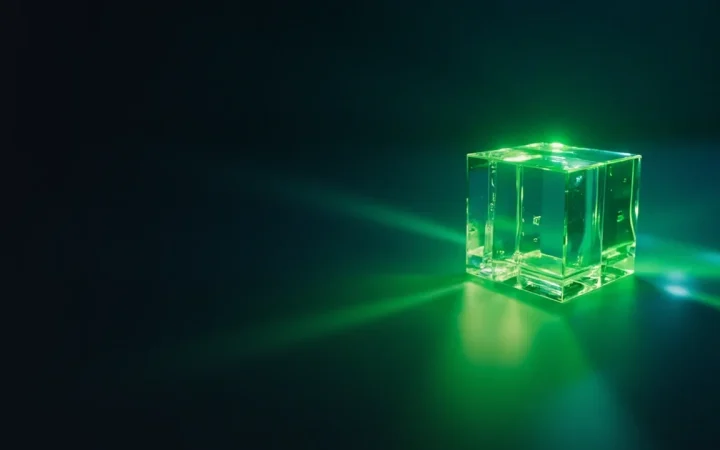 Des blocs de verre lumineux reliés par une lumière vert lime sur un fond bleu marine foncé.
