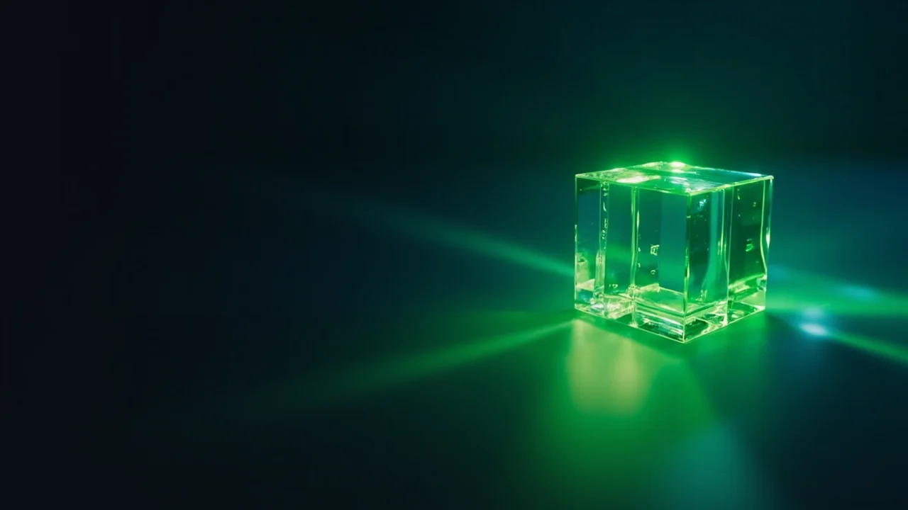 Glowing glass blocks joined by lime light on a dark navy background.