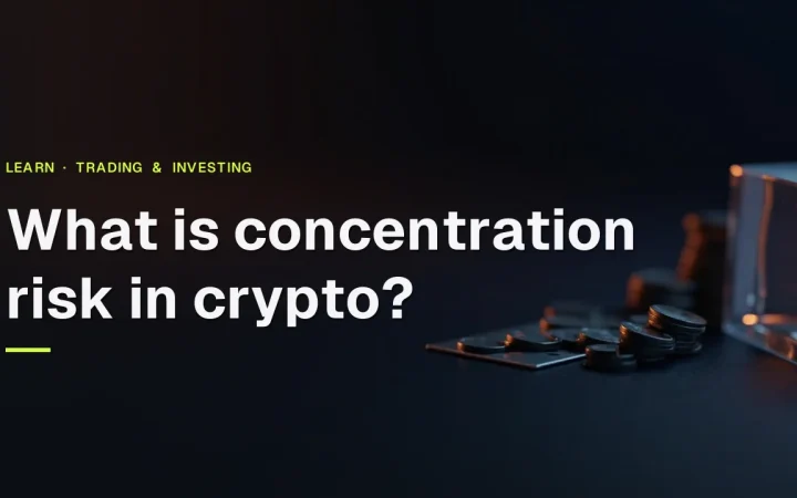 Der Titel „Was ist Konzentrationsrisiko bei Krypto?“ erscheint über leeren Münzen, einem Glaswürfel und einer Stahlplatte auf dunkelblauem Hintergrund.