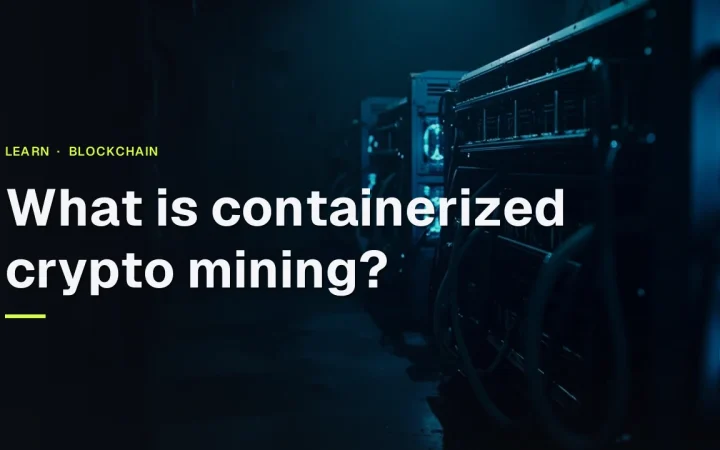 Title over a dark shipping container filled with glowing cyan mining rigs, cables and ventilation panels.
