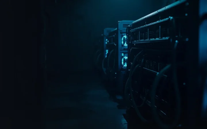 En mørk shippingcontainer fyldt med glødende cyan mining-rigs, kabler og ventilationspaneler.