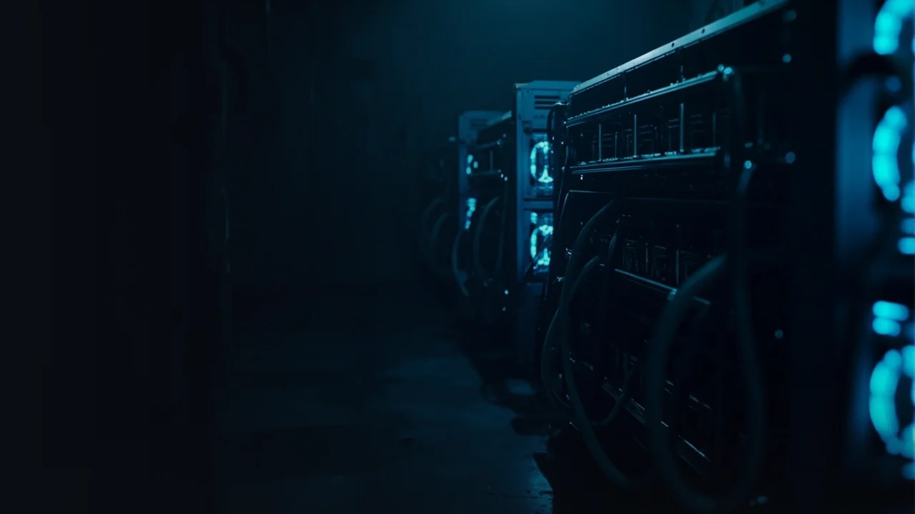 En mørk shippingcontainer fyldt med glødende cyan mining-rigs, kabler og ventilationspaneler.