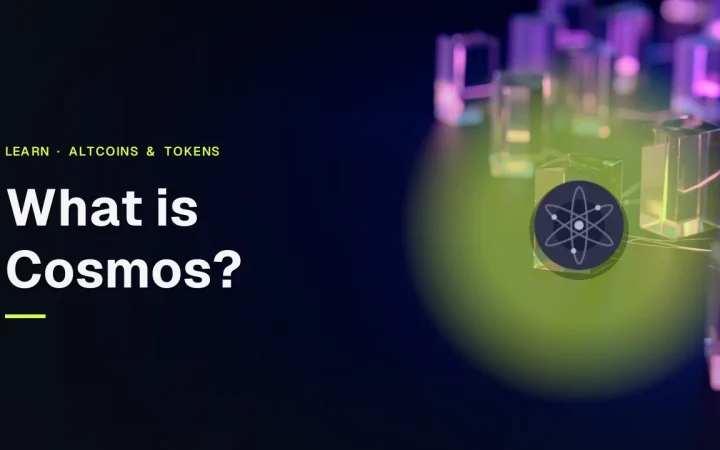 The title What is Cosmos appears with the Cosmos logo over glowing violet glass blocks linked by light on a dark navy background.