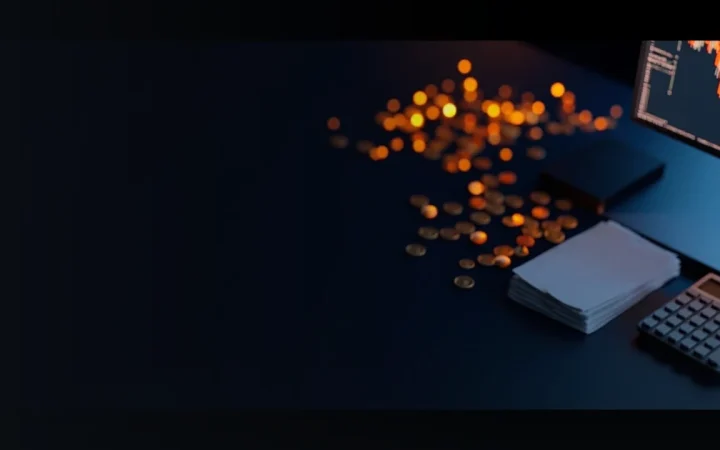 A dark navy desk with glowing orange trading bars and blank coins.
