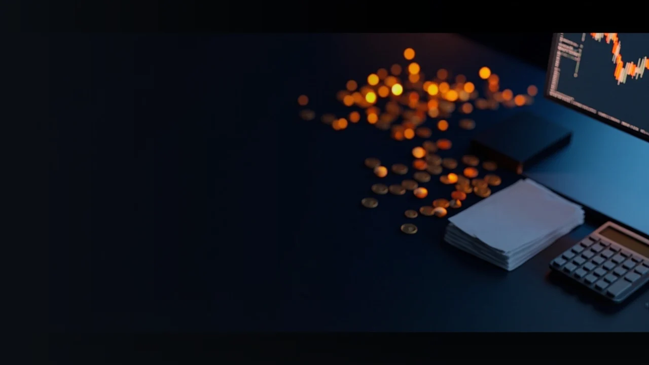 A dark navy desk with glowing orange trading bars and blank coins.